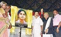 Stalin unveils the portrait of Anitha on Thursday. Also seen are K Veeramani, President, Dravidar Kazhagam and Thol Thirumavalavan, VCK leader, T Periammal grandmother of Anitha and T Shanmugam, Anitha’s father | martin louis