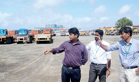 District Collector Muhammed Y Safirulla visiting the new container lorry yard at Vallarpadam in Kochi on Saturday | MELTON ANTONY