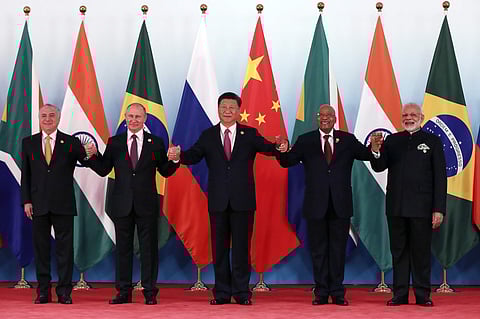 From left, Brazil's President Michel Temer, Russian President Vladimir Putin, Chinese President Xi Jinping, South Africa's President Jacob Zuma and Indian Prime Minister Narendra Modi at the BRICS summit. | AP