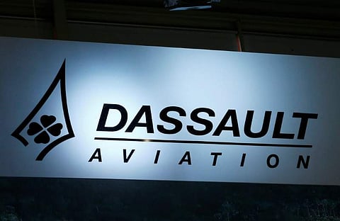 A logo of Dassault Aviation is pictured on their booth during the European Business Aviation Convention & Exhibition (EBACE) in Geneva, Switzerland, May 22, 2017. REUTERS/Denis Balibouse/File Photo