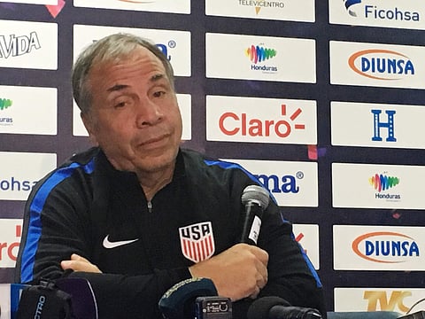 U.S. coach Bruce Arena speaks at a news conference at Estadio Olimpico Metropolitano in San Pedro Sula, Honduras, Monday, Sept. 4, 2017, ahead of a World Cup qualifier Tuesday. | AP