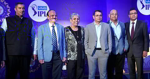 BCCI treasurer Anirudh Chaudhry, BCCI president C.K.Khanna, Star India chairman Uday Shankar, member of Committee of administrators BCCI Diana Edulji, BCCI secretary Amitabh Choudhary and BCCI CEO Rahul Johri during a press conference. | PTI