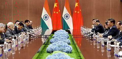 Prime Minister Narendra Modi in a bilateral meeting with the President of the People s Republic of China Xi Jinping on the sidelines of the 9th BRICS Summit in Xiamen in China on Tuesday. (PTI)