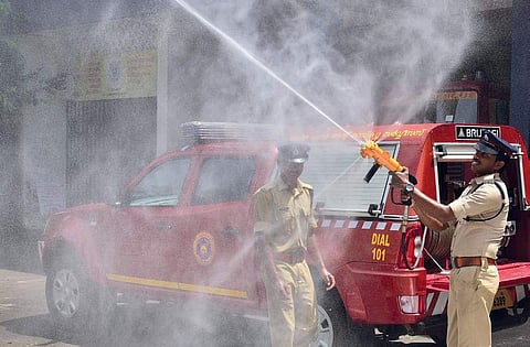 The Fire and Rescue Services Department officers at the Gandhi Nagar Fire Station operating the new mini mist fire tenders. As many as six new mini mist fire tenders were provided to various fire stations under Ernakulam Division of the department recentl