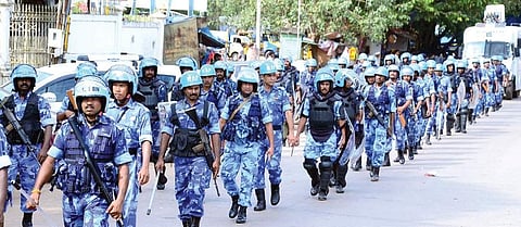 KSRP and RAF personnel taking out a route march in Mangaluru on Wednesday I Express