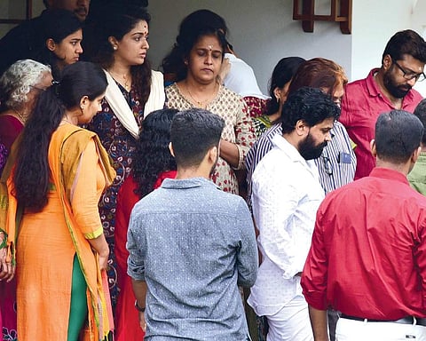 Actor Dileep at his residence in Aluva where he conducted his father’s ‘bali’ rituals on Wednesday. His wife Kavya Madhavan, daughter Meenakshi and mother  are also seen | Albin Mathew