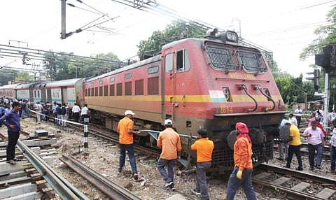 A Delhi-bound Rajdhani went off the tracks near Minto bridge in New Delhi. (Express Photo Service | Shekhar Yadav)