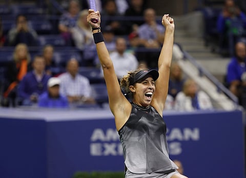 Madison Keys, of the United States, reacts after defeating CoCo Vandeweghe, of the United States, during the semifinals of the U.S. Open tennis tournament. | AP