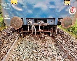 The wheels of the Jabalpur-bound Shaktipunj Express that jumped the track near the Obra Dam station in Sonbhadra district of UP on Thursday | PTI