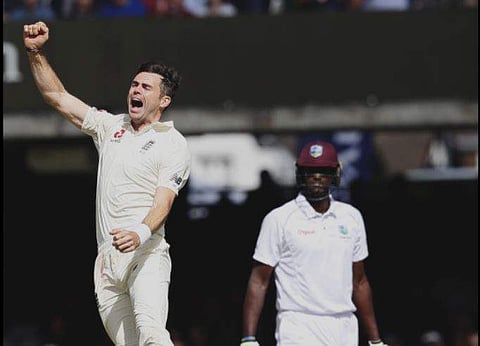 England's James Anderson celebrates taking a wicket on the third day of the third test match between England and the West Indies at Lord's (AP)