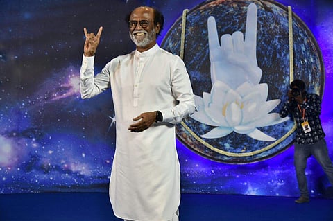 Superstar Rajinikanth during the announcement of his political entry at Sri Raghavendra Mandapam in Chennai on Sunday. (P Jawahar | EPS)