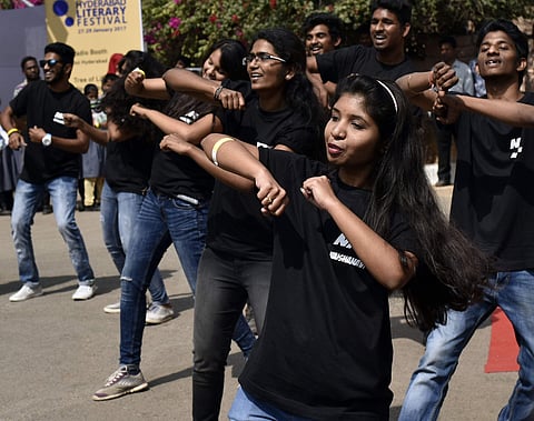 Youth perform a flash mob at the Hyderabad Literary Festival, 2017. | Vinay Madapu