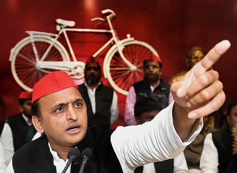 Former Uttar Pradesh chief minister and Samajwadi Party president Akhilesh Yadav addresses a press conference in Lucknow on Thursday. (PTI Photo)