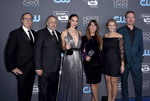The cast and crew of 'Wonder Woman', winners of the award for best action film, pose in the press room at the 23rd annual Critics' Choice Awards. (Photo | AP)