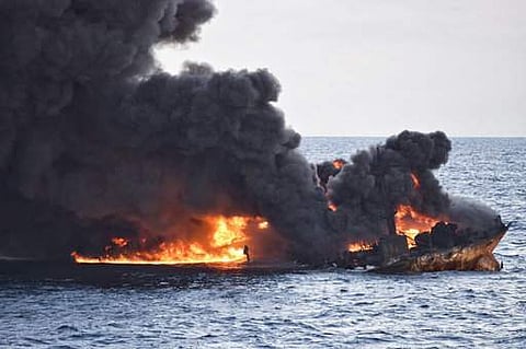 The burning Iranian oil tanker Sanchi is seen partially sunk in the East China Sea off the eastern coast of China. (Photo | AP)