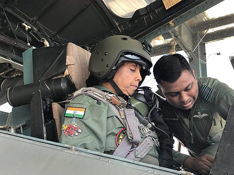 Defence Minister Nirmala Sitharaman getting ready to fly the Indian Air Force's frontline aircraft the Sukhoi-30 MKI at an air base in Jodhpur on Wednesday. | PTI