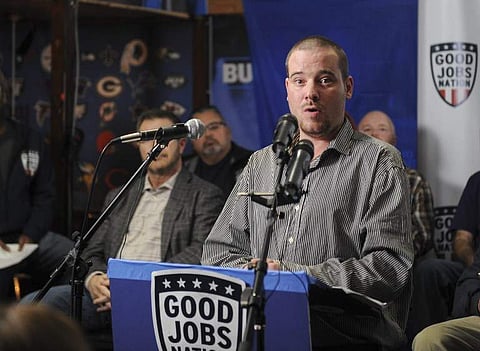 Duane Oreskovic address a news conference on January 10, 2018, a day before he was to be laid off from her job at a Carrier factory in Indianapolis, Indiana. (AFP)