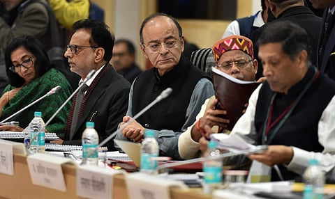 Union Finance Minister Arun Jaitley at a GST meeting at Vigyan Bhavan in New Delhi on Thursday. (PTI)