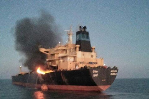 M T Genessa tanker on fire. (Twitter | PRO Defence Gujarat)