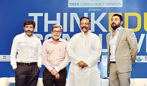 (L-R) Filmmaker Mohan Raj, TNIE Editor GS Vasu, Dinamani Editor K Vaidyanathan and actor Arvind Swamy| S SENBAGAPANDIYAN