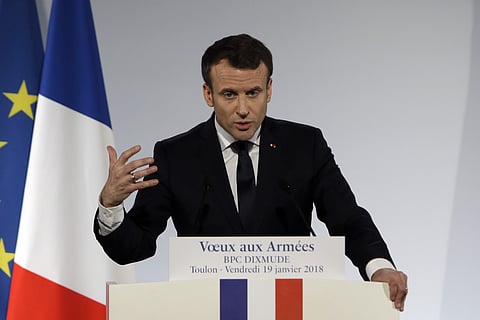 French President Emmanuel Macron presents his New Year wishes to the French military forces onboard the assault ship Dixmude docked in the French Navy base of Toulon, southern France, Thursday, Jan. 19, 2018. | AP
