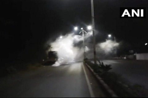 The highway crossing through Chicalim village has been blocked and the traffic diverted through other roads. (Photo | ANI)