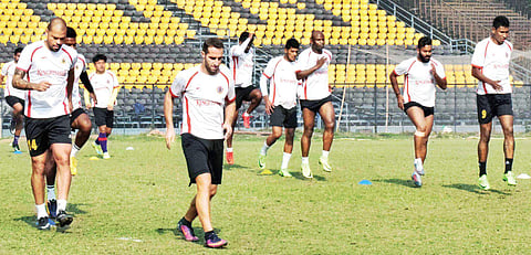 East Bengal players train at the club ground ahead of the Kolkata derby against Mohun Bagan on Saturday | Bibhash Lodh