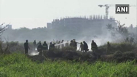 Cooling operations underway at Bengaluru's Bellandur Lake. (ANI)