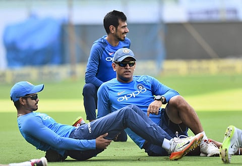India's MS Dhoni Yuzvendra Chahal and Shreyas Iyer during a practice session | File PTI
