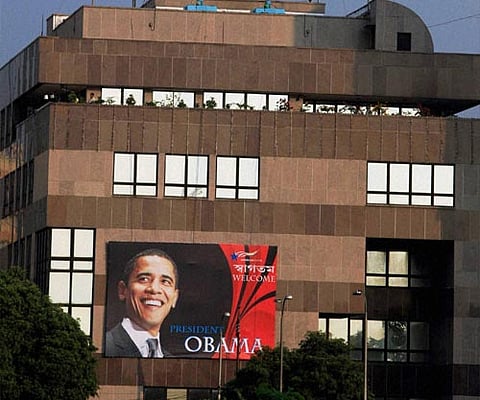A PTI file image of the American Center in Kolkata with a hoarding set up to welcome then US President Barack Obama.