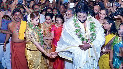 Actor Bhavana and Kannada film producer Naveen during their marriage at the Thiruvambadi Sree Krishna temple in Thrissur on Monday | Express