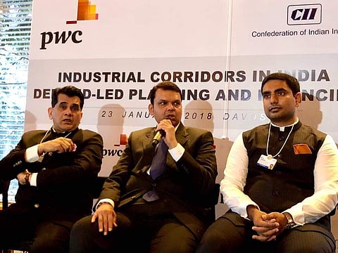 Maharashtra CM Devendra Fadnavis at a meeting in Davos. (Twitter Photo : @CMOMaharashtra )