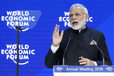 Indian Prime Minister Narendra Modi speaks during a plenary session in the Congress Hall the opening day of the 48th Annual Meeting of the World Economic Forum, WEF, in Davos, Switzerland, Tuesday, Jan. 23, 2018. (Photo |  AP)