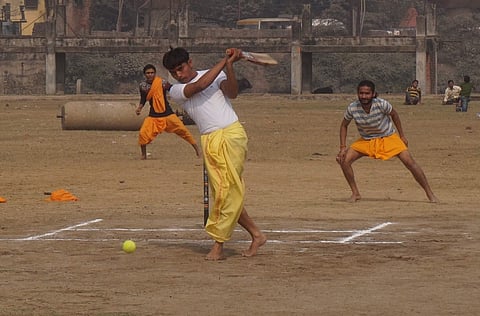 Sampurnanand Sanskrit University students playing Cricket. (Photo | EPS)