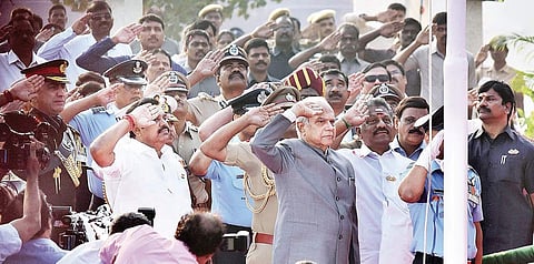Governor Banwarilal Purohit along with Chief Minister Edappadi Palaniswami, Deputy Chief Minister O Panneerselvam and other officials saluting the Tricolour at the Republic Day celebrations in Chennai on Friday | P Jawahar