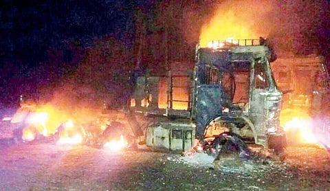 Several vehicles set on fire by suspected Maoists, who went on the rampage, in Bhupathiraopet in Bhadradri-Kothagudem district on Saturday | EXPRESS PHOTO