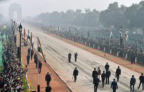 A scene from the parade in Rajpath, New Delhi. (Photo | PTI)