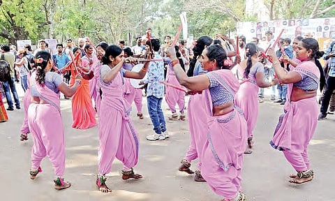Tribal women perform a dance on the concluding day of the Hyderabad Literary Festival at Hyderabad Public School on Sunday | Sayantan Ghosh