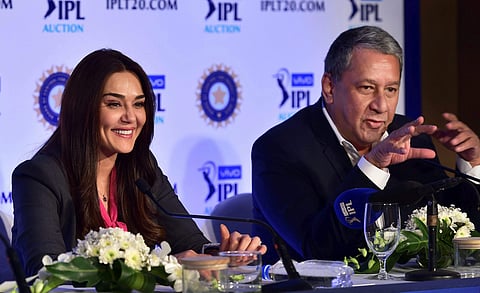 King's XI Punjab co-owner Priety Zinta and Ranjit Borthakur Chairman CEO of Rajasthan Royals at a press conference during the second day of the IPL Auction 2018 in Bengaluru on Sunday. | PTI