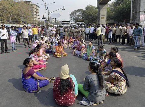 Dalit groups protesting in Mumbai against the violence in Bhima Koregaon area of Pune on Tuesday | PTI
