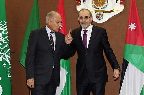 Jordanian Foreign Minister Ayman Safadi (R) stands next to Arab League chief Ahmed Abul Gheit following a meeting in the Jordanian capital Amman on January 6, 2018. The foreign ministers of six Arab countries met for talks on Jerusalem, after US President