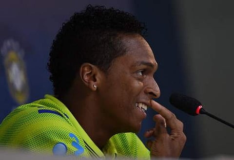 Brazilian national football team striker Jo, gestures during a press conference at the squads Granja Comary training complex, in Teresopolis. | AFP