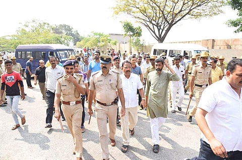 Tight security outside AJ Hospital in Mangaluru where Basheer breathed his last. (Express Photo | Rajesh Shetty Ballalbagh]