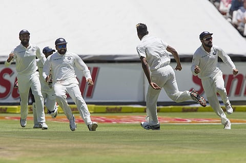 Indian players celebrate the fall of wickets of the South African cricket team. (Photo: PTI)