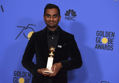 Aziz Ansari poses in the press room with the award for best performance by an actor in a television series - musical or comedy for 'Master of None' at the 75th annual Golden Globe Awards at the Beverly Hilton Hotel. | AP