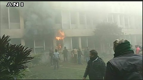 Fire broke out at principal office in Baba Raghav Das Medical College. (Photo | ANI)