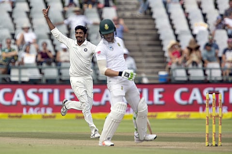 Indian bowler Jasprit Bumrah celebrates the wicket of South African Captain Faf du Plessis | AP