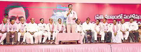 TRS leader KT Rama Rao speaking at Telangana Bhavan during the induction of various leaders from Vysya community, Congress and BJP from Kamareddy and Yellareddy constituencies, in Hyderabad on Sunday | Express photo