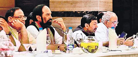Telangana in-charge, TPCC president Uttam Kumar Reddy and other Congress leaders at a meeting in Golkonda Resorts on the outskirts of Hyderabad | EXPRESS