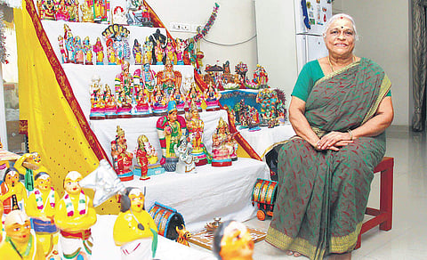 Shyamala has made a five-step golu decked with Dasavatharam of Lord Vishnu, Ashtalakshmi dolls, Vishwaroopam of Lord Vishnu, and other mythological characters  Debadatta Mallick